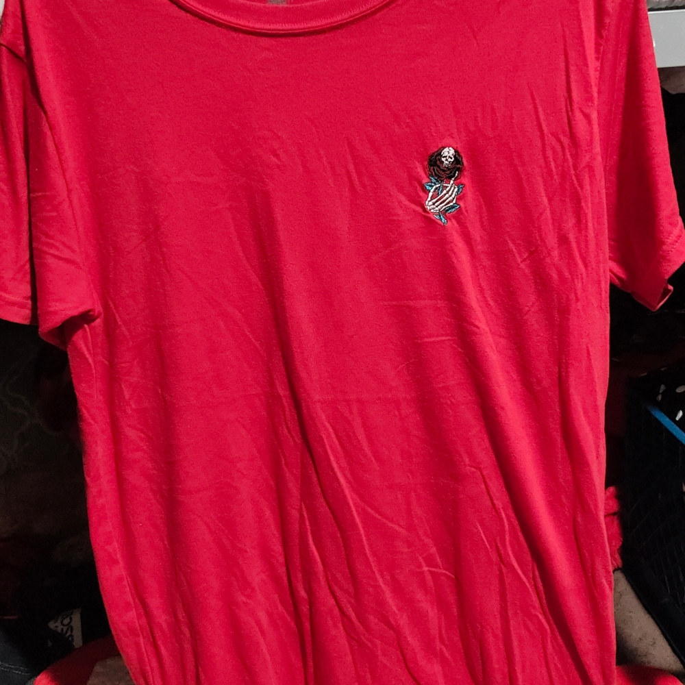 Vibrant Red Short Sleeve Tee with Embroidered Detail